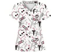 Camice da lavoro con stampa all-over su base bianca, con 2 tasche, abbigliamento da divisa per donne, divisa da infermiera, divisa da clinica dentistica, camice da lavoro per il settore sanitario, cam