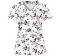 Camice da lavoro con stampa all-over su base bianca, con 2 tasche, abbigliamento da divisa per donne, divisa da infermiera, divisa da clinica dentistica, camice da lavoro per il settore sanitario, cam