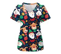 Camice natalizio da donna, grafica, per toelettatura di gatti, infermieri, medici, ospedali, sanitari, uniformi sanitarie, per saloni di bellezza, stampa natalizia, maniche corte, scollo a V, uniforme