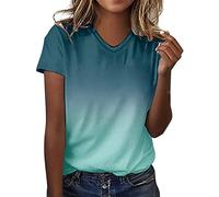 Camicetta a maniche corte allentata con motivo batik da donna con scollo a V, taglie forti, Blu, S
