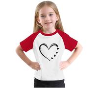 Camicetta a maniche corte da ragazza, motivo a cuore, con stampa raglan, maglietta per bambini, maglietta classica, casual, primavera, estate, a maniche corte, 3-14 anni, Colore: rosso, 150 cm