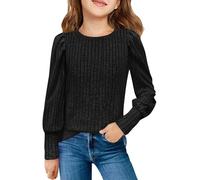 Camicetta a maniche lunghe a sbuffo per ragazze Top alla moda per bambini Camicie in maglia a coste tinta unita magliette girocollo vestibilità ampia, Nero , 13-14 Anni