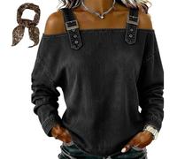 Camicetta a maniche lunghe casual da donna in denim lavato con fibbia a spalla fredda camicetta in denim allentato con spalle scoperte 2026, Nero , L