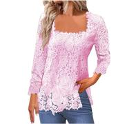 Camicetta a maniche lunghe con scollo quadrato da donna UK elegante pizzo floreale scava fuori pullover top moda casual traforato modello t-shirt maglietta per uscire top donna ufficio lavoro t-shirt