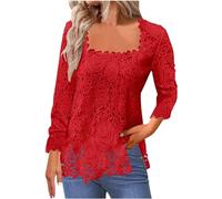 Camicetta a maniche lunghe con scollo quadrato da donna UK elegante pizzo floreale scava fuori pullover top moda casual traforato modello t-shirt maglietta per uscire top donna ufficio lavoro t-shirt