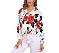 Camicetta A Maniche Lunghe da Donna Top in Estivo Camicia Abbottonata, Scollo A V, Eleganti Rose Rosse Top,Bikini Copricostume, Bianco Stampe Florealiadatto per Le Vacanze E per La Casa