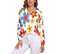 Camicetta A Maniche Lunghe da Donna Top in Estivo Camicia Abbottonata, Scollo A V, Fiori dei Cartoni Animati Top,Bikini Copricostume, Colori Misti Stile Carinoadatto per Le Vacanze E per La Casa
