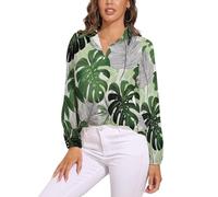 Camicetta A Maniche Lunghe da Donna Top in Estivo Camicia Abbottonata, Scollo A V, Foglie Monstera Top,Bikini Copricostume, Verde Piante Tropicaliadatto per Le Vacanze E per La Casa