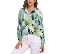 Camicetta A Maniche Lunghe da Donna Top in Estivo Camicia Abbottonata, Scollo A V, Gigli Acquerellati Top,Bikini Copricostume, Azzurro Fiori Pianteadatto per Le Vacanze E per La Casa