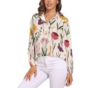 Camicetta A Maniche Lunghe da Donna Top in Estivo Camicia Abbottonata, Scollo A V, Piante da Fiore Top,Bikini Copricostume, Beige Stile Pastorale Retròadatto per Le Vacanze E per La Casa