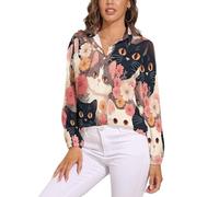 Camicetta A Maniche Lunghe da Donna Top in Estivo Camicia Abbottonata, Scollo A V, Stampa Un Gatto Carino Top,Bikini Copricostume, Colori Misti Fiori Rosaadatto per Le Vacanze E per La Casa