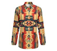 Camicetta A Maniche Lunghe da Donna Top in Estivo Camicia Abbottonata, Scollo A V, Stile Azteco Top,Bikini Copricostume, Colori Misti Geometria Astrattaadatto per Le Vacanze E per La Casa