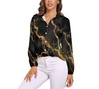 Camicetta A Maniche Lunghe da Donna Top in Estivo Camicia Abbottonata, Scollo A V, Trama Marmo Top,Bikini Copricostume, Nero Carbone Elegante Lussuosoadatto per Le Vacanze E per La Casa