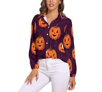 Camicetta A Maniche Lunghe da Donna Top in Estivo Camicia Abbottonata, Scollo A V, Zucca dei Cartoni Animati Top,Bikini Copricostume, Viola Scuro Tema Halloweenadatto per Le Vacanze E per La Casa
