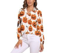 Camicetta A Maniche Lunghe da Donna Top in Estivo Camicia Abbottonata, Scollo A V, Zucca Halloween Top,Bikini Copricostume, Colore Arancione Stile Cartone Animatoadatto per Le Vacanze E per La Casa