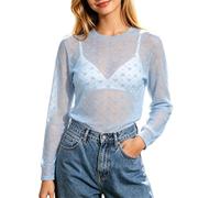 Camicetta a rete trasparente con ricamo, da donna, a strati, aderente, elegante, maniche in pizzo, versatile da indossare o nella vita di tutti i giorni, materiale traspirante per ogni stagione, Blu