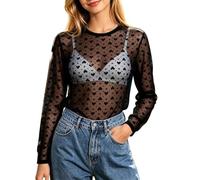 Camicetta a rete trasparente con ricamo, da donna, a strati, aderente, elegante, maniche in pizzo, versatile da indossare o nella vita di tutti i giorni, materiale traspirante per ogni stagione, Nero