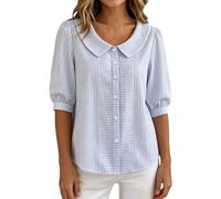 Camicetta a righe con colletto Peter Pan Manica a 3/4, Azzurro, S