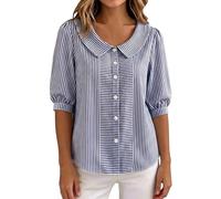 Camicetta a righe con colletto Peter Pan Manica a 3/4, Blu, XL