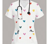 Camicetta a V con scritte a cuore, in stile casual da lavoro a maniche corte, blusa da donna a V con pieghe, camicia da infermiera a V a maniche corte con 2 tasche, maglietta grafica morbida e stirabi