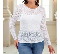 Camicetta aderente con maniche lunghe e pizzo, elegante sottomaglia semitrasparente, taglie oversize 0XL,1XL,2XL,3XL,4XLPizzo