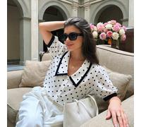 Camicetta alla moda con colletto a contrasto a pois, camicia a maniche corte a petalo con bottoni da donna, adatta per la Festa della Mamma, Eid Al-Adha, vacanze e ufficio estivo L,M,S,XLGeometricoTes