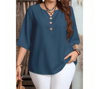 Camicetta ampia da donna casual in blu tinta unita, con bottoni decorativi, scollo a tacca e maniche a 3/4, adatta per l'estate, appuntamenti, ufficio 0XL,1XL,2XL,3XL,4XLColore unicoTessuto intrecciat