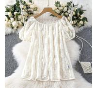 Camicetta ampia da donna con colletto quadrato elegante, maniche a sbuffo e stampa floreale 3D in tessuto strutturato, adatta per l'ufficio e il tempo libero, in blu, per la primavera/estate, stile bo