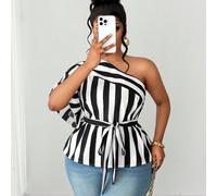 Camicetta asimmetrica a righe bianche e nere con maniche corte e vita annodata, adatta per l'ufficio in primavera/estate, stile fashion city, vacanze, casual, feste. Abbigliamento plus size per donne,