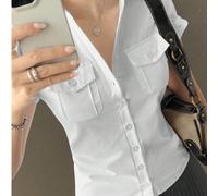 Camicetta bianca aderente con design a taschino, stile Sunny Girl estivo, per San Valentino, per il ritorno a scuola, stile Y2K college, fresca e dolce, con maniche a palloncino e collo a revers, stil