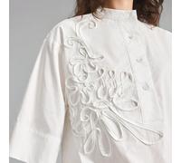 Camicetta bianca con fiori ricamati a maniche lunghe, stile minimalista, modesto ed elegante, adatta per l'ufficio, la festa degli insegnanti, la spiaggia, come ospite a un matrimonio o per feste, aut