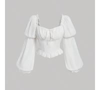 Camicetta bianca con scollo a cuore, maniche a sbuffo, arricciatura sul busto, bordo con volant, nodo a loto, manica lunga, adatta per vacanze, appuntamenti, picnic, feste, balli, festival, compleanni