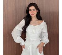 Camicetta bianca con scollo a cuore, maniche a sbuffo, arricciatura sul busto, bordo con volant, nodo a loto, manica lunga, adatta per vacanze, appuntamenti, picnic, feste, balli, festival, compleanni