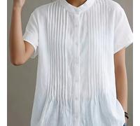 Camicetta bianca elegante da donna con colletto alla coreana, vestibilità morbida con pieghe complete, tessuto fluido e traspirante, versatile per lavoro e tempo libero, design semplice e snellente, c