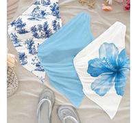 Camicetta blu floreale da donna con stampa di ibisco e giglio di fiamma, stile casual da ragazza delle isole per vacanza L,M,S,XSTessuto in maglia