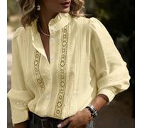 Camicetta casual a maniche lunghe in colore unito con colletto alla coreana, in stile patchwork in pizzo, la più popolare e bella camicia elegante da donna per uscire, adatta per primavera/autunno, ca