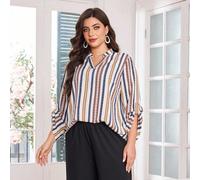 Camicetta casual a righe con scollo a V per taglie forti, elegante e alla moda per l'autunno e l'inverno, perfetta come regalo per la madre 0XL,1XL,2XL,3XL,4XLBlocchi di colore,A strisceTessuto intrec
