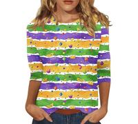 Camicetta casual da donna con motivo di carnevale, scollo rotondo, maniche a tre quarti, ideale per le occasioni festive 2026, Verde chiaro, S