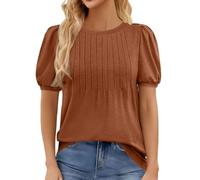 Camicetta casual da donna, top da lavoro, plissettato sul davanti con collo a lupetto, maniche corte in pizzo, camicia da ufficio, 1c-marrone, L