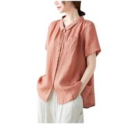 Camicetta Casual in Cotone e Lino, Donna a Maniche Corte con Risvolto e Bottoni Camicia Camicetta Elegante Estiva Classico Tinta Unita semplicità Top Ampia Donna Curvy Camicia Estate e Traspirante