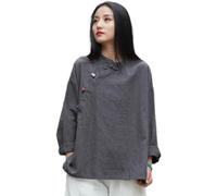 Camicetta cinese da donna in ramiè - Camicia estiva Hanfu in cotone e lino, abbigliamento tradizionale, tuta da meditazione con maniche lunghe retrò tunica top tuta da meditazione, Grigio, M