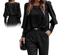 Camicetta Con Bottoni Decorativi A Maniche Lunghe E Scollo Tondo, Camicetta Girocollo A Pieghe A Maniche Lunghe, Top Casual Eleganti A Maniche A Sbuffo Con Scollo Tondo (Nero,M)