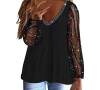 Camicetta con paillettes da donna, sciolta, sexy, con scollo a V, camicette lucenti, ampie camicette chic ed elegante, per feste, serate, feste, club, taglie forti, maniche lunghe, abbigliamento