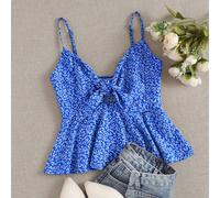 Camicetta Con Peplum A Fiori Piccoli Rossi Con Spalline E Fiocco, Perfetta Per Le Vacanze L,M,S,XL,XS,XXL,XXS,XXXL,XXXXLPiante,FiorelliniTessuto intrecciato