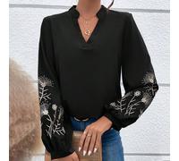 Camicetta con scollo a V intagliato, maniche a lanterna e ricamo floreale, camicetta casual da donna con ricamo, maniche lunghe e vita regolare, nera, adatta per la primavera/autunno e uso quotidiano