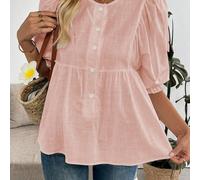 Camicetta corta a maniche corte con colletto Peter Pan, in tessuto, colore rosa, con bottoni davanti, adatta per l'estate, per taglie comode 1XL,2XL,3XL,4XL,5XLColore unicoTessuto intrecciato