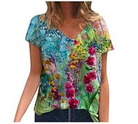 Camicetta corta Stampata T-Shirt Scollo a V Top Donne Plus Maglietta Manica Camicetta Donna Camicia Neon, Blu, XL