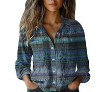 Camicetta Cotone e Lino per le Donne Manica Lunga T-shirt Basic A Buon Mercato Cotone Cotone Cotone Lino Ample Top Camicie Scollo a V T-shirt Con Bottoni Stampa Chic Estate Camicetta, azzurro cielo