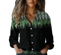 Camicetta Cotone e Lino per le Donne Manica Lunga T-shirt Basic A Buon Mercato Cotone Cotone Cotone Lino Ample Top Camicie Scollo a V T-shirt Con Bottoni Stampa Chic Estate Camicetta, verde, M