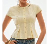 Camicetta da donna 100% cotone con maniche corte e peplo, giallo pallido, elegante estiva, stile tea festa vintage, con bottoni sul davanti e bordo in pizzo in vita, camicia alla moda cottagecore L,M,